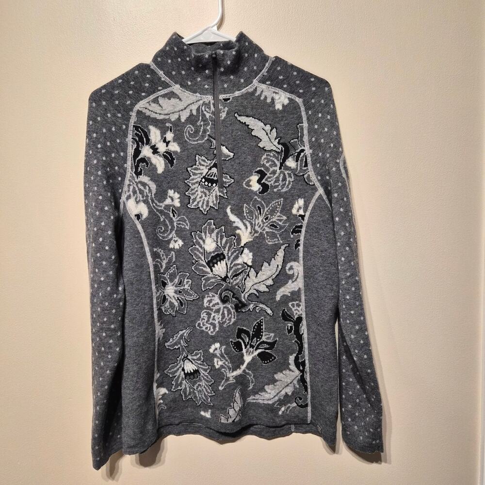 Title Nine Mock Neck Quarter Zip Merino Wool Blend Sweater Gray Black White